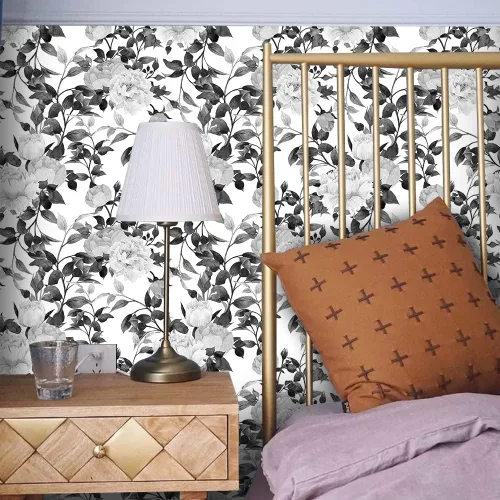 Miniatura 2 de Papel pintado floral de despegar y pegar, papel pintado en blanco y negro autoadhesivo, papel de contacto removible de vinilo con flores