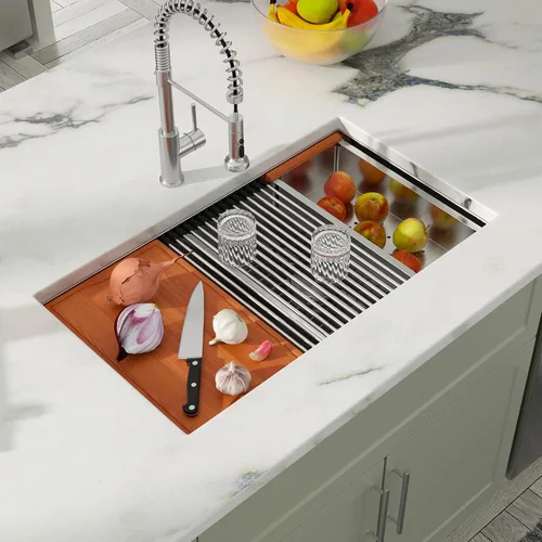 Miniatura 3 de Dcolora DC-U-1111 - Fregadero de cocina de 33 pulgadas con doble tazón, estación de trabajo de acero inoxidable 50/50 dividida baja dividida calibre
