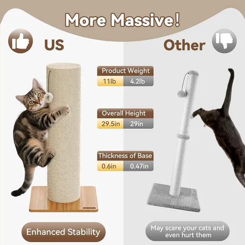 Miniatura 5 de KAMABOKO Rascador para gatos de 29.5 pulgadas, poste rascador de sisal natural de 7.5 pulgadas de diámetro ultra grande, resistente a los arañazos