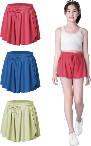 Pantalones cortos fluidos con diseño de mariposa para niñas, pantalones cortos deportivos para niños pequeños y jóvenes con forro 2 en 1 para