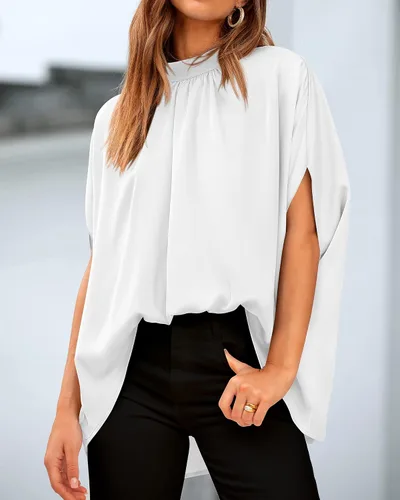 Miniatura 156 de BTFBM Blusas de verano para mujer, cuello alto falso, manga murciélago, holgadas, dobladillo alto y bajo, blusas informales de gran