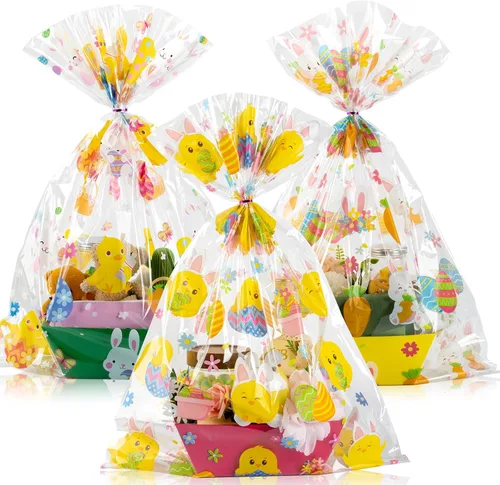 Cholemy 30 bolsas grandes de regalo de celofán de Pascua a granel de 19.7 x 27.6 pulgadas, huevos de conejito de Pascua, pollitos, bolsas de