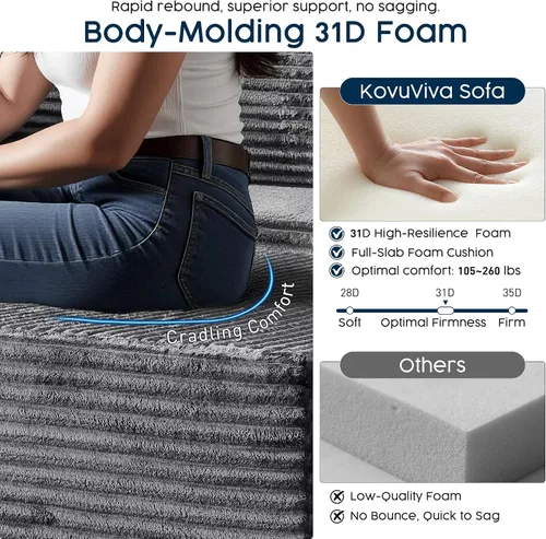 Miniatura 7 de Sofá modular gris con otomana, sofá modular de nube de 108 pulgadas para sala de estar, sofá moderno en forma de U, no requiere montaje, tela