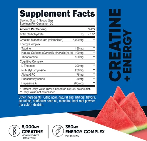 Miniatura 2 de Nutricost Creatina + Energía 30 porciones (sabor a sandía) – 5,000 mg de monohidrato de creatina + 350 mg de complejo energético por porción
