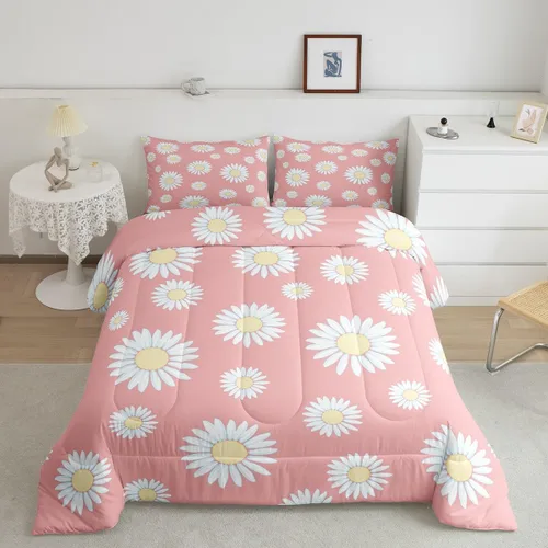 Miniatura 10 de Erosebridal Juego de edredón de abeja de dibujos animados, tamaño individual, juego de ropa de cama floral de margarita blanca lisa para niños
