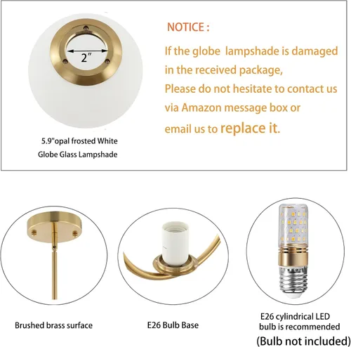 Miniatura 5 de BYOLIIMA Lámpara Colgante Moderna de Globo Níquel Cepillado Candelabro 1-Luz Mediados de Siglo Luminaria Colgante de Techo Pantallas de Vidrio