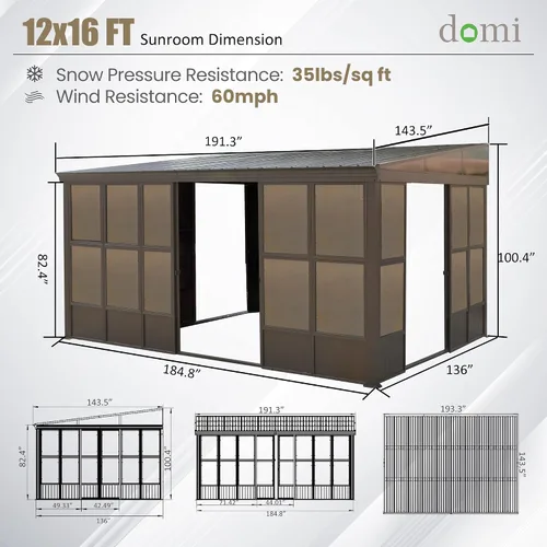 Miniatura 104 de Domi - Solárium de pared montado de 10 x 14 pies, solárium de pared con techo inclinado de policarbonato de aluminio, casa de pantalla de PC