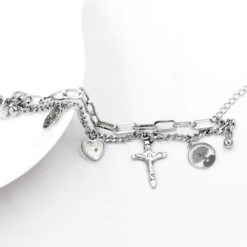 Miniatura 3 de Encantos Jesús Crucifijo Cruz Eslabón Cadena Pulsera Árbol de la Vida Brazaletes, Acero Inoxidable, Semilla de Mostaza Joyería Cristiana ZY077