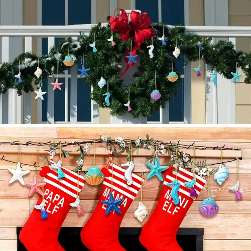 Miniatura 3 de Yerliker Juego de 36 adornos de verano para árbol costero de playa, estrella de mar, concha, sirena, temática del océano, decoración colgante