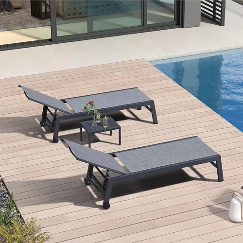 Miniatura 39 de PURPLE LEAF Juego de 2 tumbonas de aluminio para patio al aire libre con ruedas y mesa auxiliar, tumbona de piscina para jardín al aire libre, junto