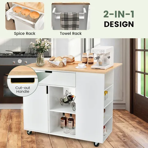 Miniatura 4 de LOKO Isla de cocina con hoja caída, carrito de almacenamiento de cocina rodante con cajón, gabinete, 6 estantes abiertos, estante de especias