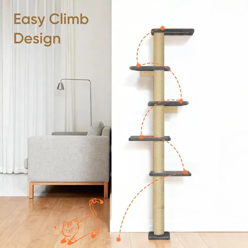 Miniatura 5 de PAWSCRAT Árbol para gatos montado en la pared, torre para gatos de piso a techo de 5 niveles, poste rascador para gatos montado en la pared de 80