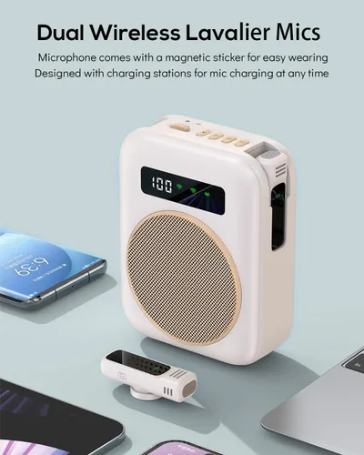 Miniatura 3 de Micrófono inalámbrico con amplificador de voz, amplificador de voz portátil de 2000 mAh, altavoz Bluetooth recargable con 2 micrófonos de solapa
