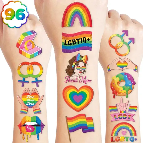 96 tatuajes temporales LGBT del mes del orgullo feliz para niños, calcomanías de tatuaje falsas seguras para la piel para niños y niñas | Bonitos