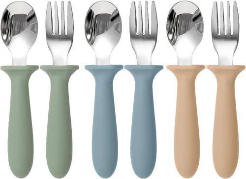 Eascrozn - Juego de utencilios para niños pequeños, paquete de 6, cubiertos para niños con mango de silicona, tenedores y cucharas de acero
