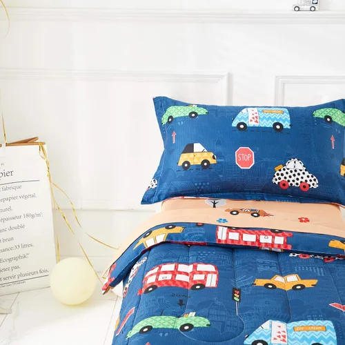 Miniatura 4 de Juego de ropa de cama para niños pequeños, color azul marino con autos coloridos, incluye 1 edredón para niños, sábana encimera, sábana bajera