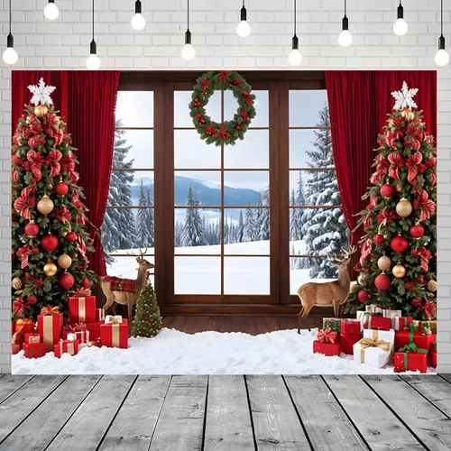 Miniatura 2 de Telón de fondo de ventana de Navidad de 5 x 3 pies para sesión de fotos, bosque de nieve de invierno, escenario para fotografía, árbol de Navidad