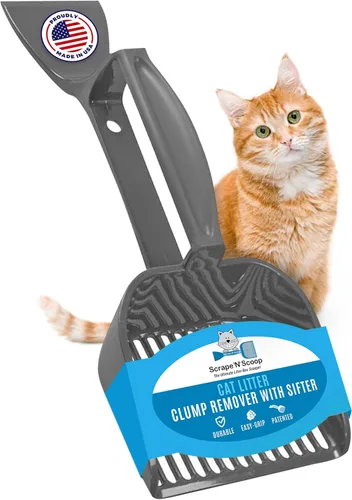 SCRAPE 'N' SCOOP Removedor de grumos de arena para gatos con tamiz - Recogedor y raspador 2 en 1 para bandeja de arena, orinal y bandeja de arena -