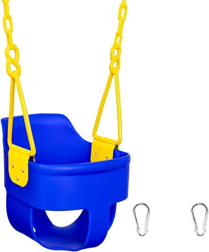 Asiento de columpio para niños pequeños con respaldo alto y agarre para los dedos, cadenas recubiertas de plástico y mosquetones para una fácil Azul