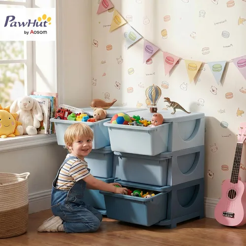 Miniatura 2 de Qaba Unidad de almacenamiento de 3 niveles para niños, organizadores de juguetes y almacenamiento con 6 cajones para dormitorio de niños, guardería
