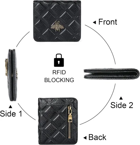 Miniatura 5 de Billetera para mujer, con bloqueo RFID, pequeña, compacta, plegable, de piel auténtica, con bolsillo, mini carteras para mujeres