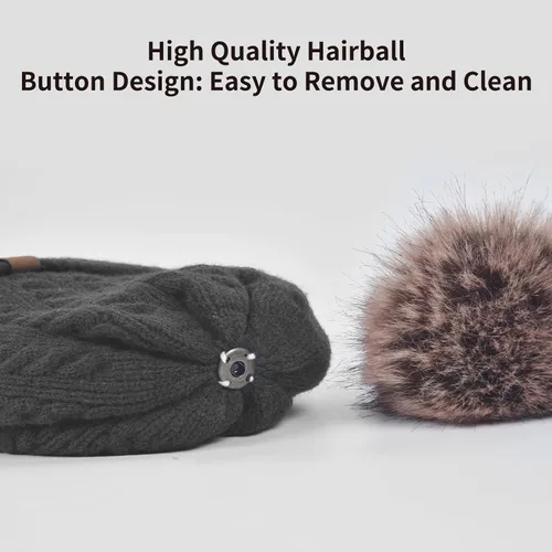 Miniatura 2 de Conjunto de gorro de invierno para mujer, gorro clásico con pompón extraíble, bufanda larga, guantes para pantalla táctil, juego 3 en 1