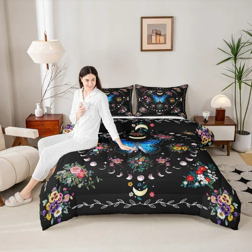 Miniatura 27 de Juego de edredón de champiñones para niños, tamaño individual, juego de ropa de cama romántica con sol, luna, cielo estrellado y galaxia, decoración