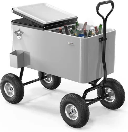Miniatura 9 de VINGLI Caja Refrigeradora Rodante de 80 Cuartos de Galón, con Mango Largo y Ruedas de 10 Pulgadas, Portabebidas Portátil para Playa, Patio, Fiesta