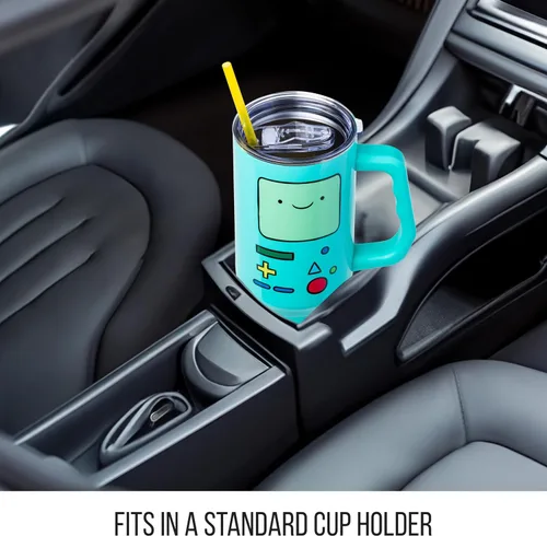 Miniatura 6 de Silver Buffalo Adventure Time With BMO - Vaso de acero inoxidable de doble pared con asa y pajilla, cabe en portavasos estándar, 40 onzas
