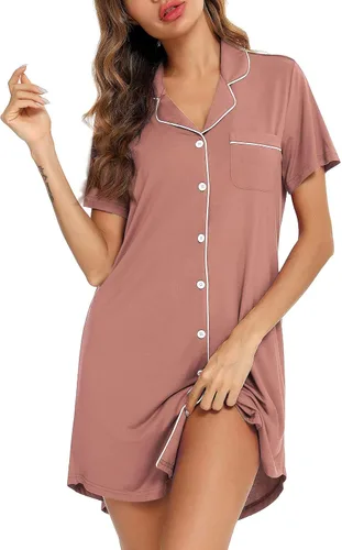 Miniatura 48 de Samring Camisón de pijama para mujer, manga corta/larga, con botones, camisón para dormir, camisón para novio, talla XXL