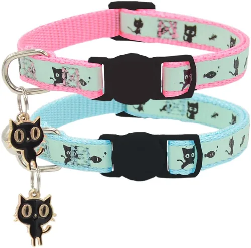 Miniatura 9 de Paquete de 2 collares para gatos que brillan en la oscuridad con campana, collares de seguridad para cachorros con colgante verde y amarillo