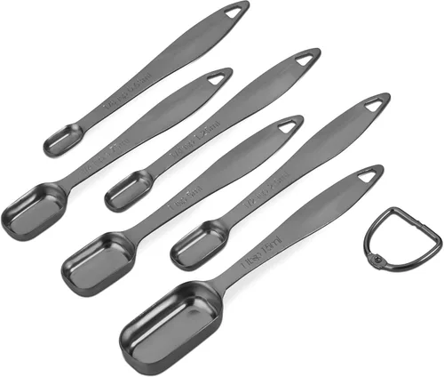 Miniatura 2 de Juego de 6 cucharas medidoras de acero inoxidable 18/8 precisas, resistente con buen mango, con conector de anillo, color gris oscuro