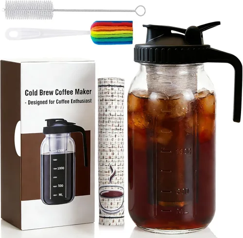 Cafetera de cerveza fría, jarra de cerveza fría de 64 onzas con filtro de acero inoxidable y alfombrilla de café, tarro de vidrio con tapa