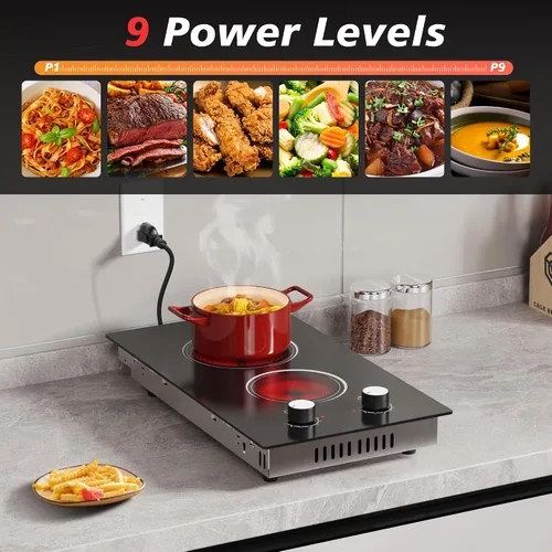 Miniatura 5 de Placa de cocina eléctrica, 2 quemadores, estufa eléctrica de 110 V 2000 W con control de perilla, encimera eléctrica radiante de 12 pulgadas e