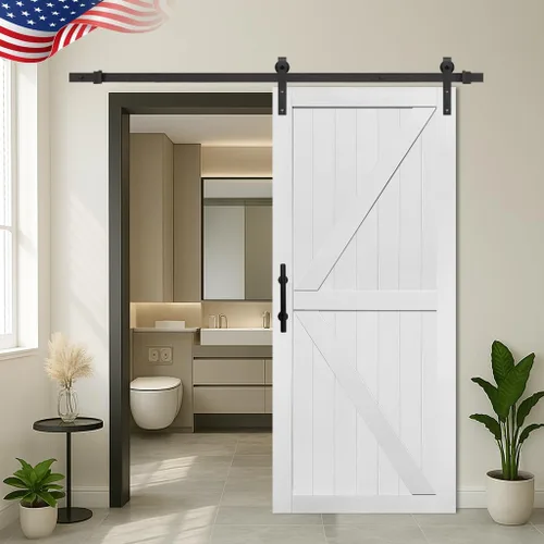 Miniatura 13 de S&Z TOPHAND® Puerta de granero doble de MDF de 18 x 84 pulgadas con kit de herrajes para puerta corredera de 6 pies, tablero sólido de puerta
