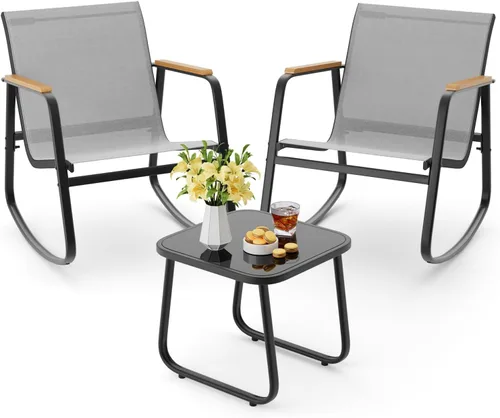 Miniatura 10 de Aiho Juego de Bistró Mecedor de 3 Piezas, Juego de Muebles de Patio de Tela Textilene, Sillas Mecedoras de Porche Delantero con Mesa de Café