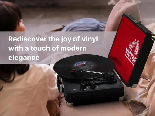 Miniatura 11 de VICTOR Metro - Tocadiscos portátil de maleta de 3 velocidades con doble entrada y salida Bluetooth y altavoces estéreo integrados, rojo (VSRP-800-RD)
