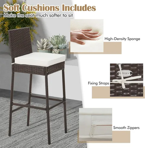 Miniatura 5 de Tangkula Juego de 2 taburetes de mimbre para patio, silla de bar para exteriores con cojín de asiento suave y reposapiés acogedor, marco de metal