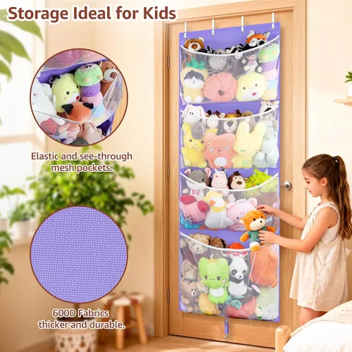 Miniatura 4 de Woodoulogy Almacenamiento de animales de peluche colgantes, organizador grande de juguetes de felpa con gancho de metal, soporte para accesorios