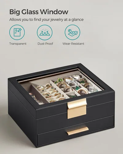 Miniatura 6 de SONGMICS Joyero con tapa de vidrio, organizador de joyas de 2 capas, 1 cajones, almacenamiento de joyas, moderno, idea de regalo, color grafito