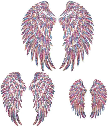 3 pares de parches de tela de lentejuelas de ala, 3 tamaños, apliques de alas de ángel fucsia, decoración de disfraces, decoración bordada para ropa