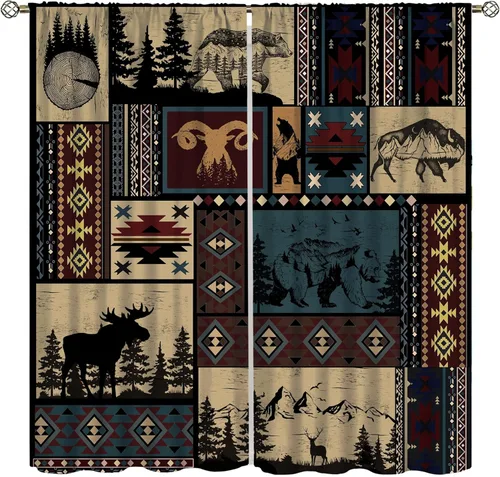 Miniatura 21 de Cortinas rústicas de alce y oso, tratamiento retro para ventana de cabaña de oso salvaje para dormitorio, cocina, cortinas de estilo rústico Retro