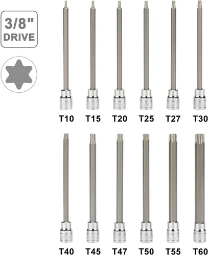 Miniatura 4 de Mayouko Juego de 12 Dados de Puntas Torx Extra Largos de 3/8" Drive, T10-T60, 5.9" de Longitud, CR-V, Acero S2, Juego de Dados de Puntas de Estrella