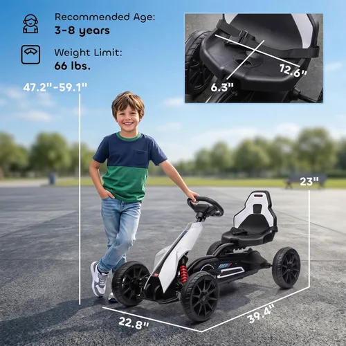 Miniatura 7 de Aosom - Go Kart de pedales para niños, juguete de paseo al aire libre con asiento ajustable, eje oscilante, freno de mano, 4 ruedas EVA Blanco