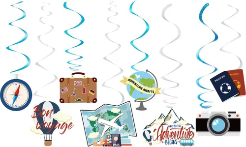 Miniatura 4 de 30 decoraciones de fiesta de espirales colgantes con temática de viaje, suministros de fiesta para fiesta de cumpleaños, fiesta de jubilación