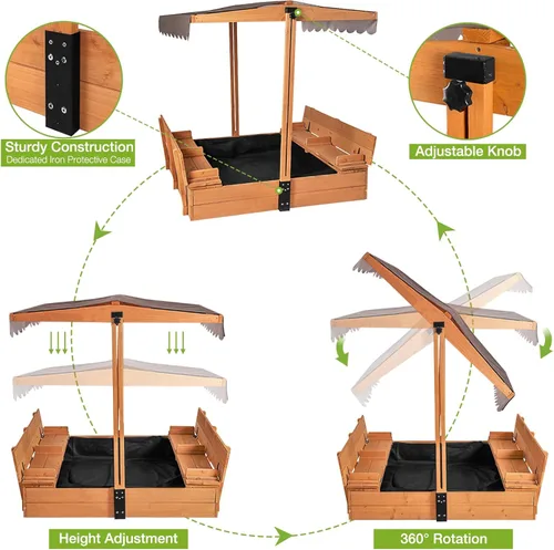 Miniatura 2 de GUTINNEEN Caja de arena de madera con toldo ajustable, caja de arena para niños al aire libre con bancos plegables, forro de arena, techo retráctil