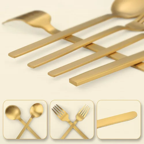 Miniatura 4 de Juego de cubiertos dorados de 20 piezas, para 4 personas, acero inoxidable, cucharas y tenedores, acabado mate, apto para lavavajillas Dorado mate