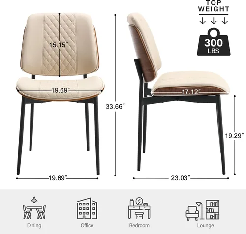 Miniatura 2 de BV - Juego de 2 sillas de comedor, sillas de cocina sin brazos de piel sintética en estilo moderno de nogal, silla auxiliar de madera curvada