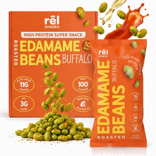 Rēl Snacks - Edamame tostado al estilo Buffalo – Snack alto en proteínas y bajo en carbohidratos (11g de proteína por porción) – Apto para dieta