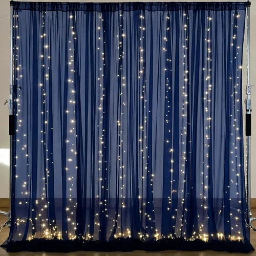 Miniatura 14 de Cortina de telón de fondo de tul negro de 10 x 10 pies con cadena de luces para fiestas, cortinas de fondo de fotos transparentes para bodas